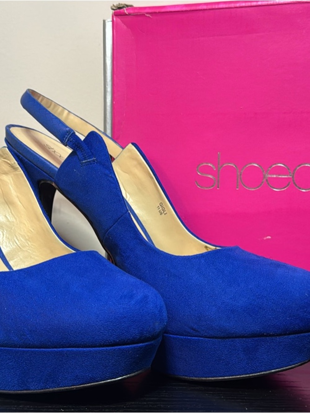 Shoe Dazzle Cobalt Blue Suede Platform Slingback Heels